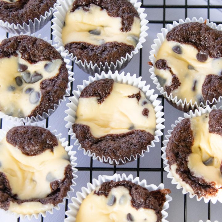 freshly baked and cooling easy chocolate cream cheese cupcakes