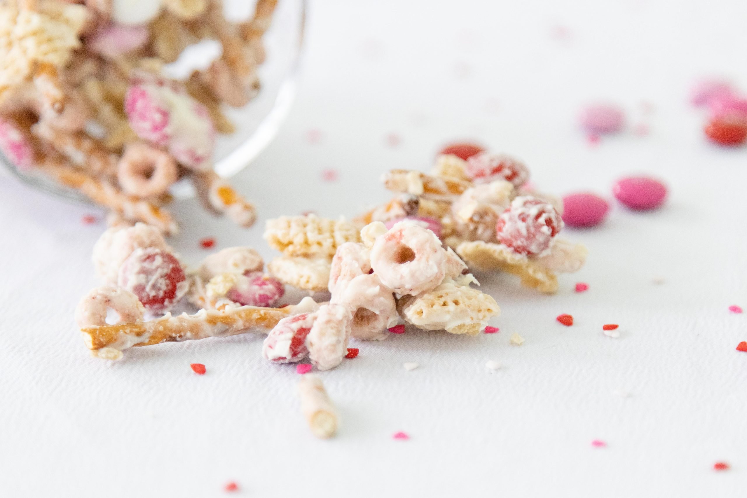 close up shot of white trash snack mix