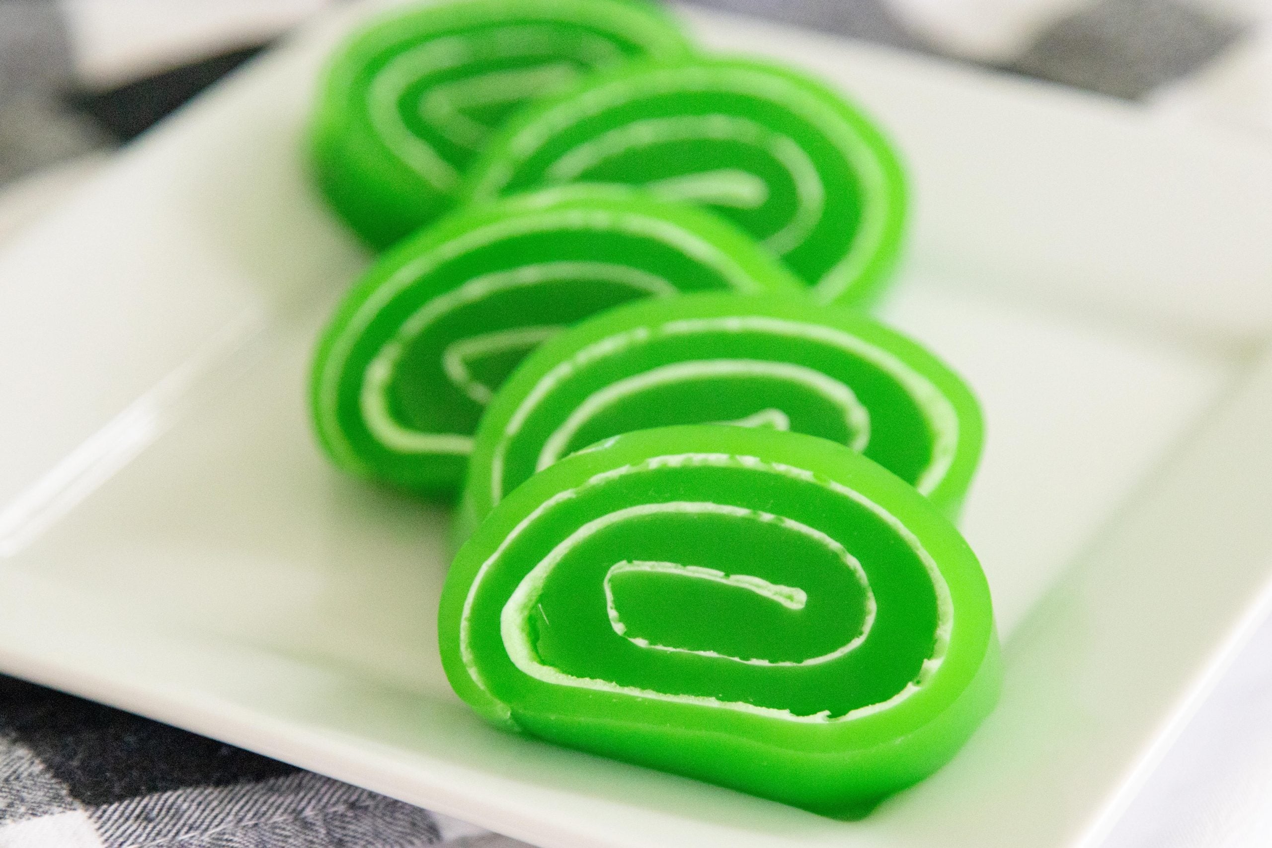 finished jello marshmallow pinwheels on a plate