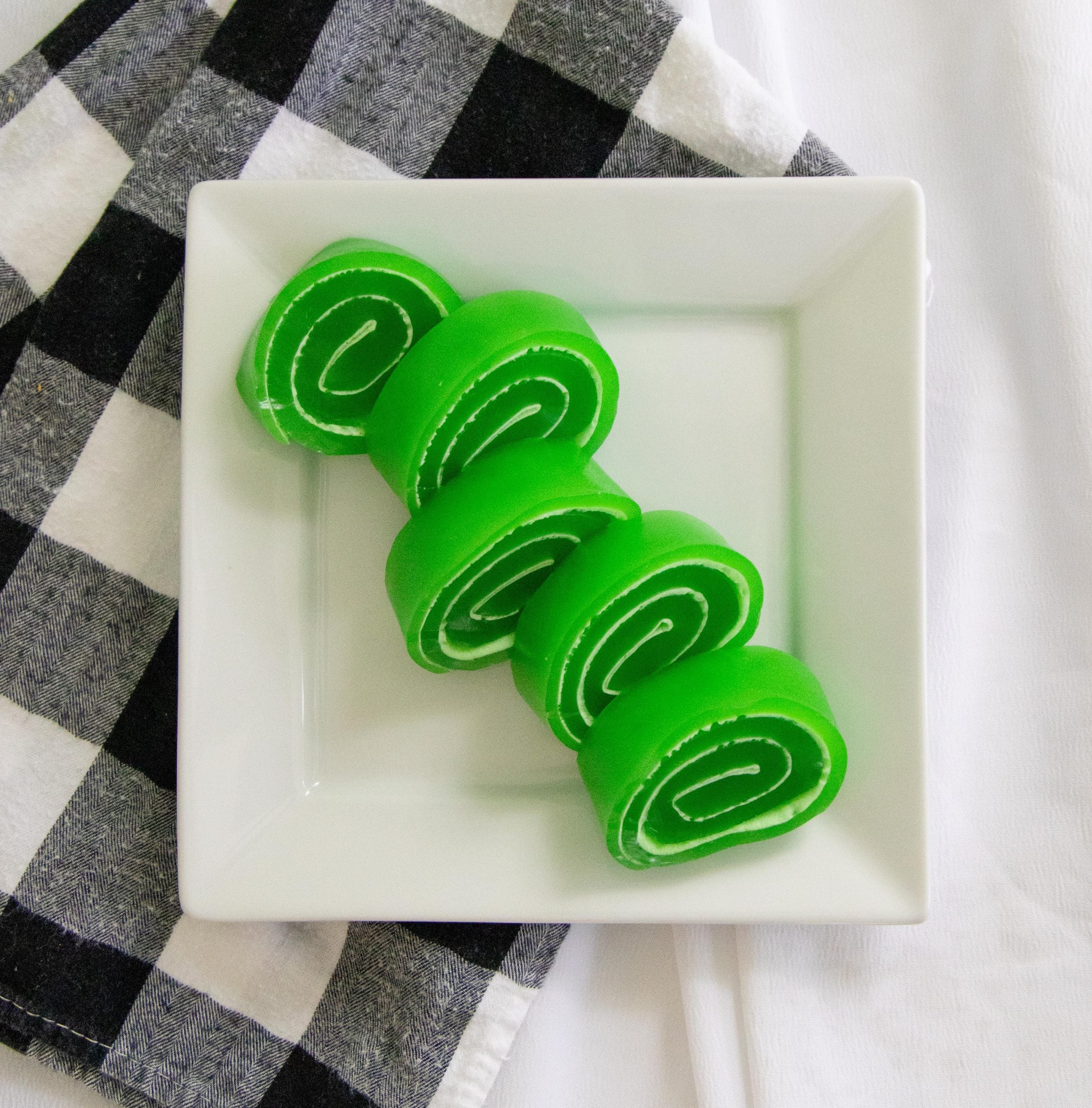 finished jello marshmallow pinwheels on a plate