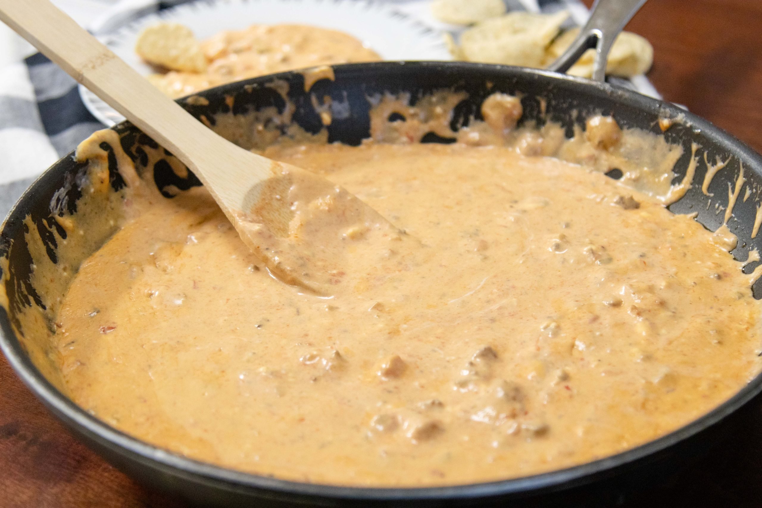 skillet with hamburger chip dip inside