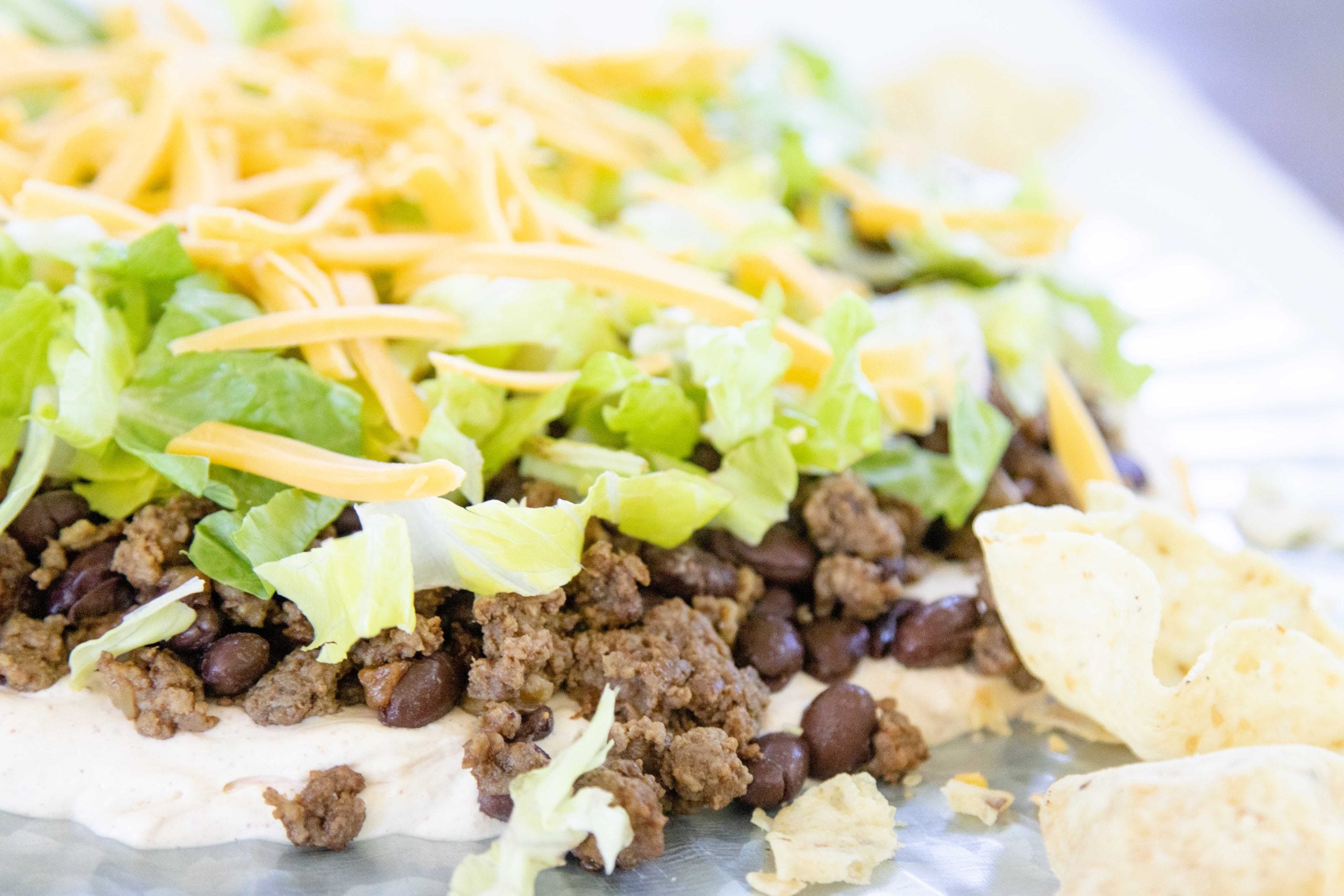 close up shot of layered taco dip