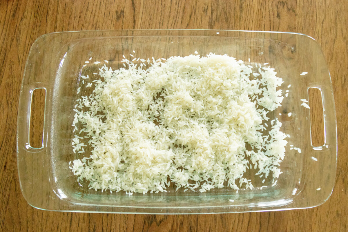 rice in the bottom of the casserole pan