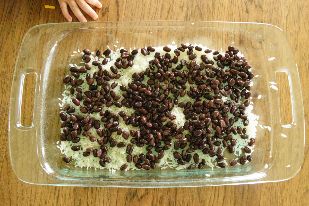 rice and beans in the casserole dish