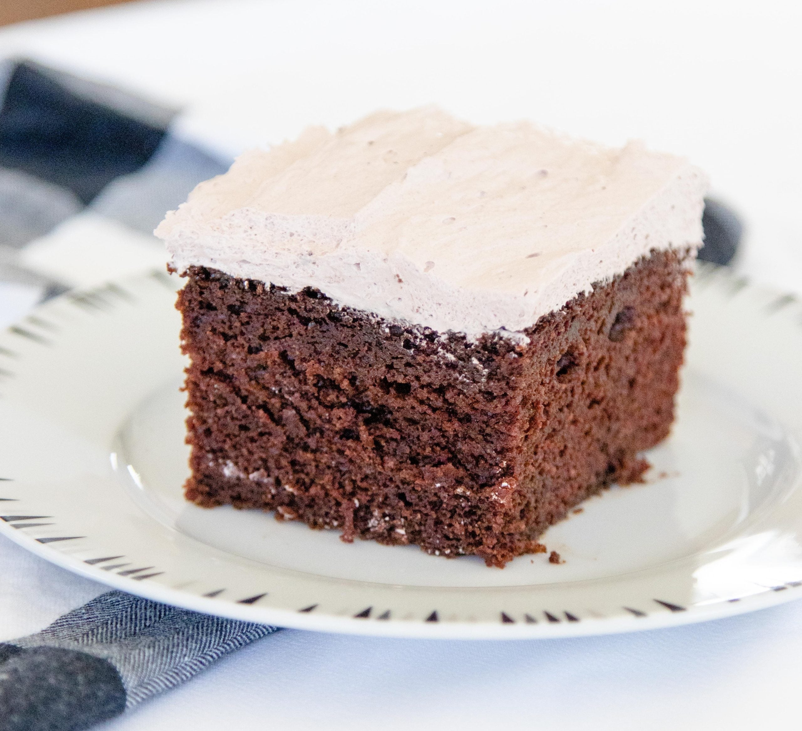 piece of chocolate cake with pudding icing on a white plate