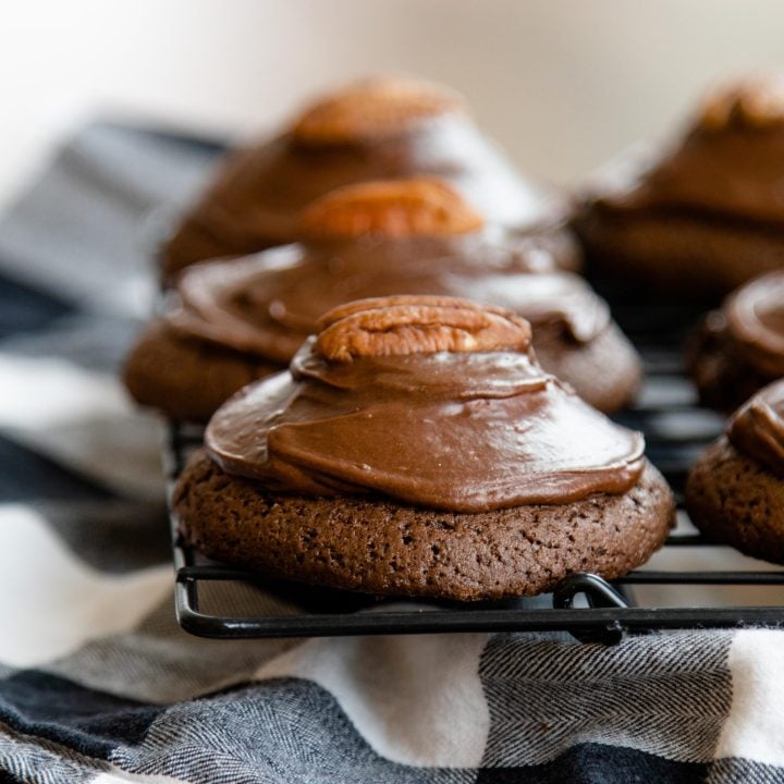 chocolate marshmallow surprise cookies on a wire rack