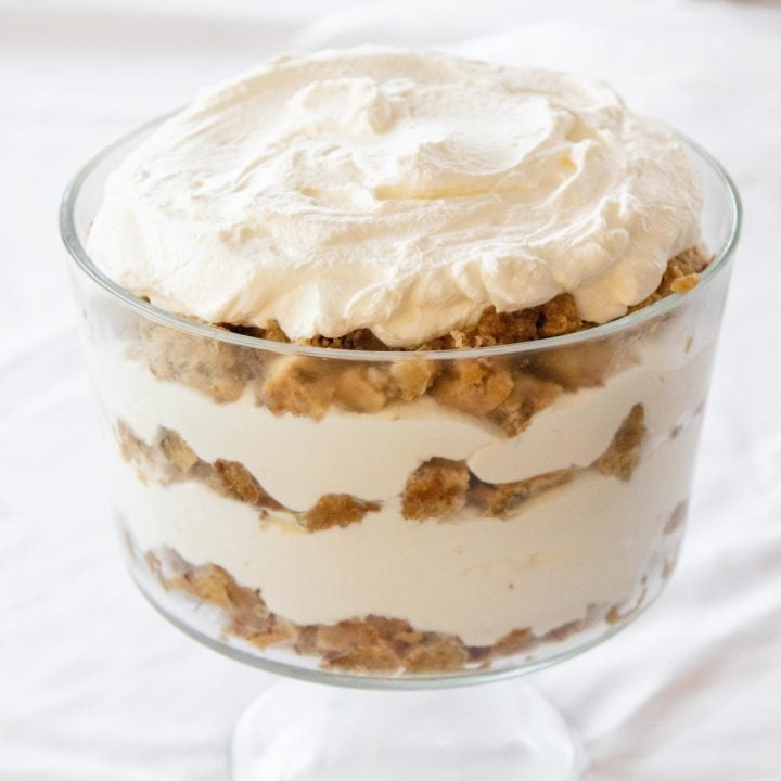 date pudding in a trifle dish