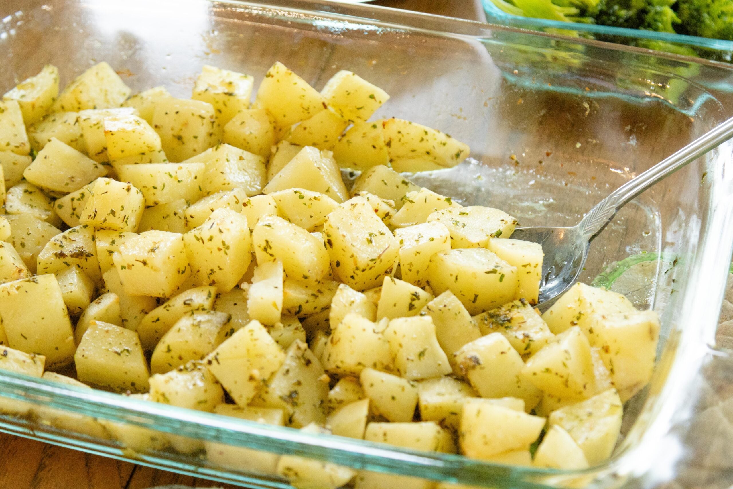 oven roasted herb potatoes in a baking dish