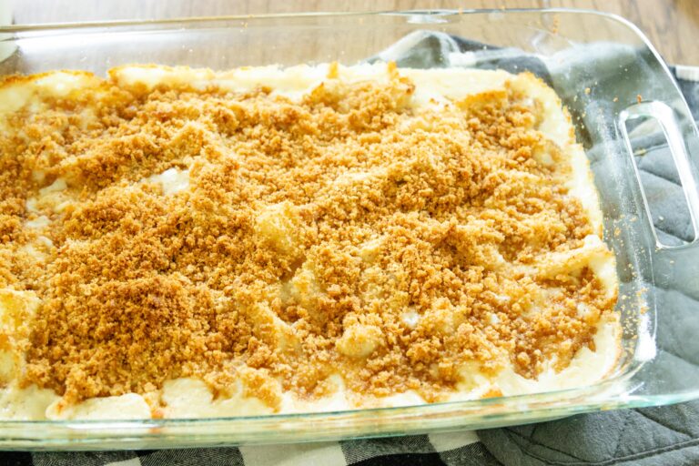 freshly baked chicken potato casserole in a pan
