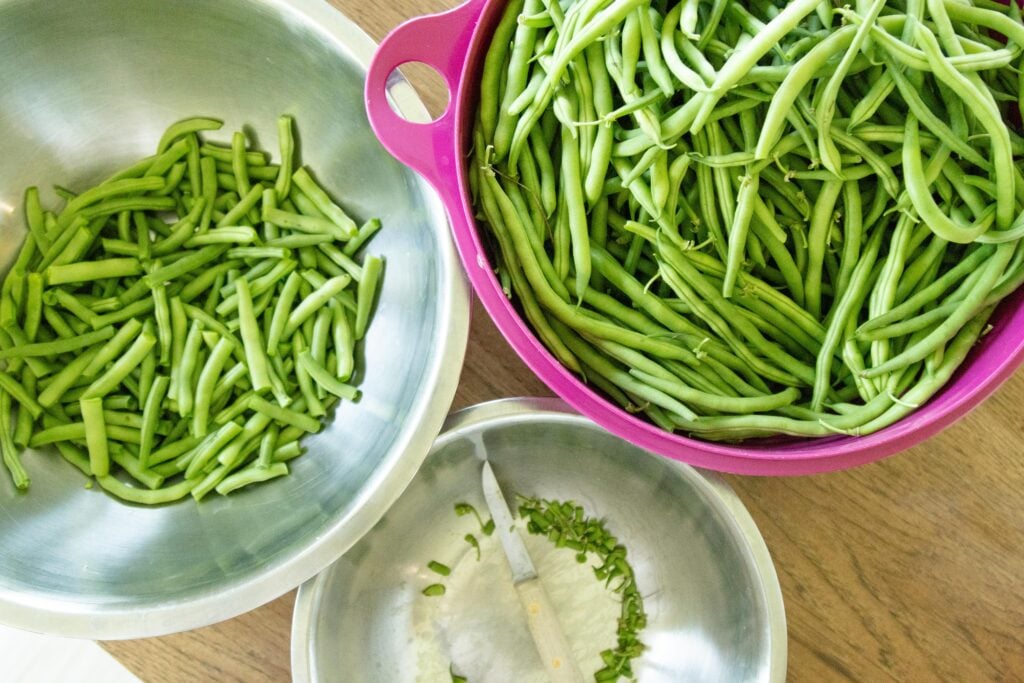 SEVERAL bowls of green beans on the table