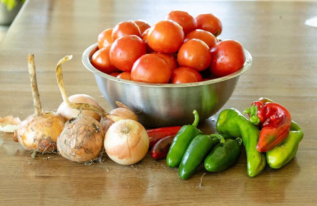 tomatoes, onions, and peppers on the table