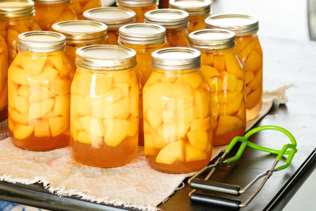 canned peaches setting on a cloth on the table with the jar lifter laying nearby