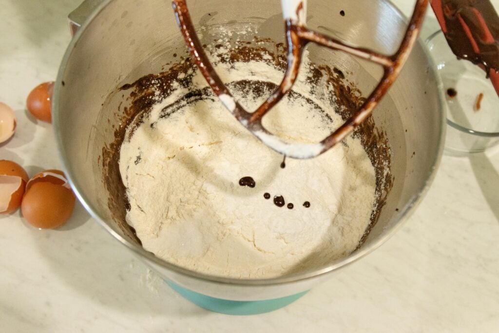 dry ingredients in the bowl of the stand mixer