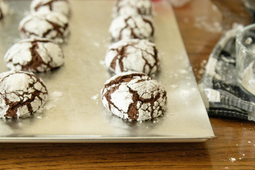 freshly baked chocolate crinkle cookie still on the cookie sheets