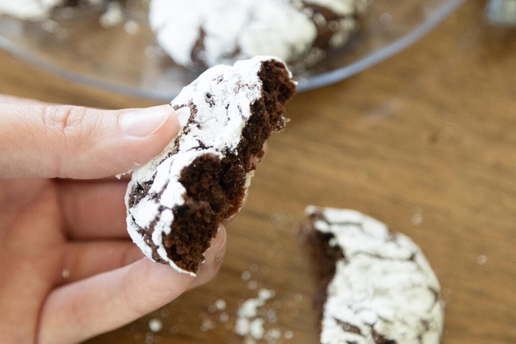 hand holding half of a chocolate crinkle cookie