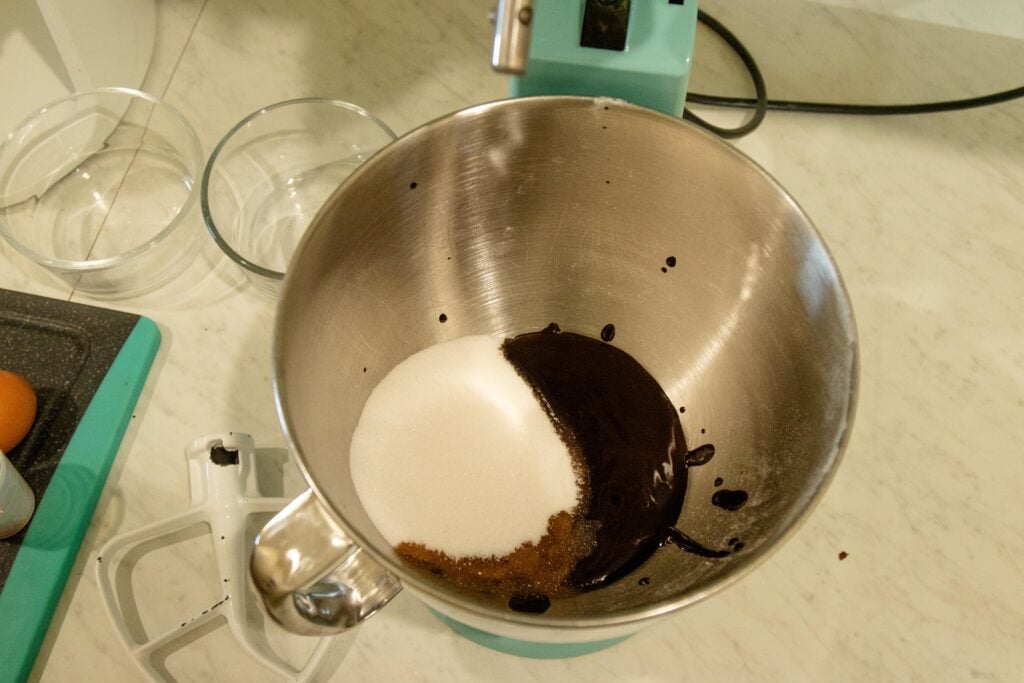 chocolate mixture, sugar and vanilla in the mixing bowl