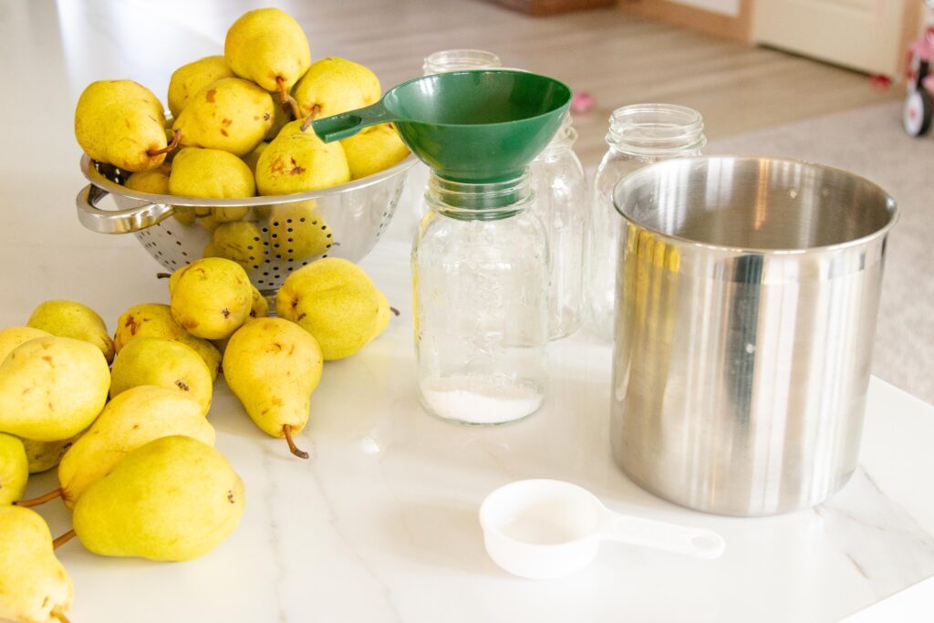 filling the jars with sugar in preparation for canning