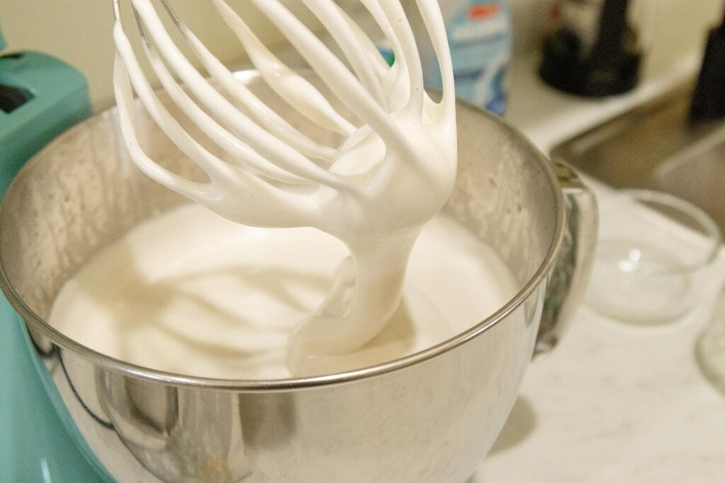 whipped marshmallow mixture in the stand mixer