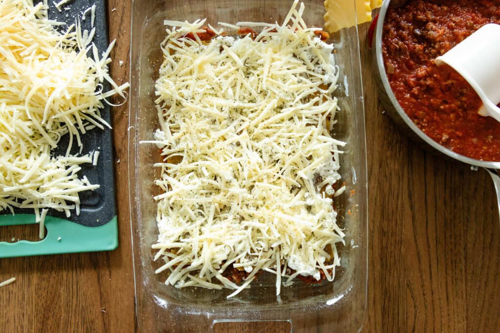 a layer of cheese in a pan