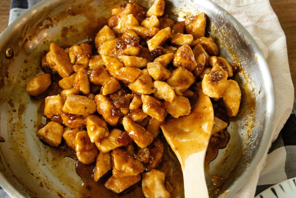 a pan of sweet and sour chicken