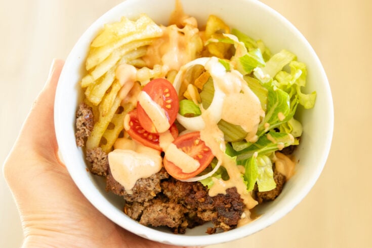 a finished burger bowl in my hand