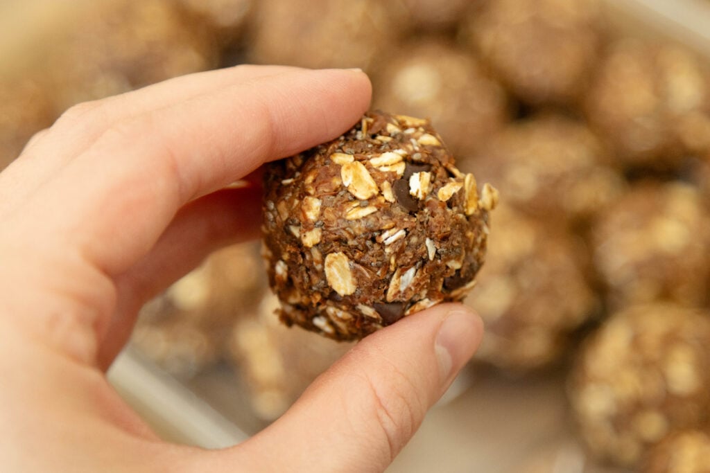 a hand holding a peanut butter protein ball