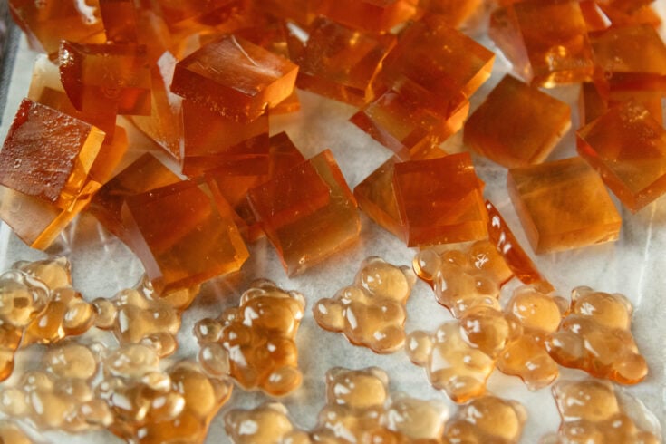 2 shapes of gummies on a pan