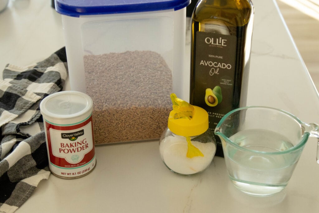 ingredients setting on the counter for fresh milled flour tortillas