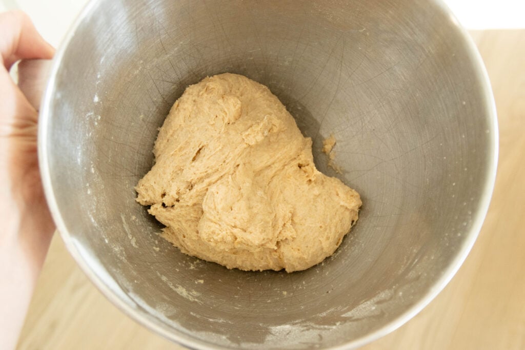 a blob of dough in the mixing bowl