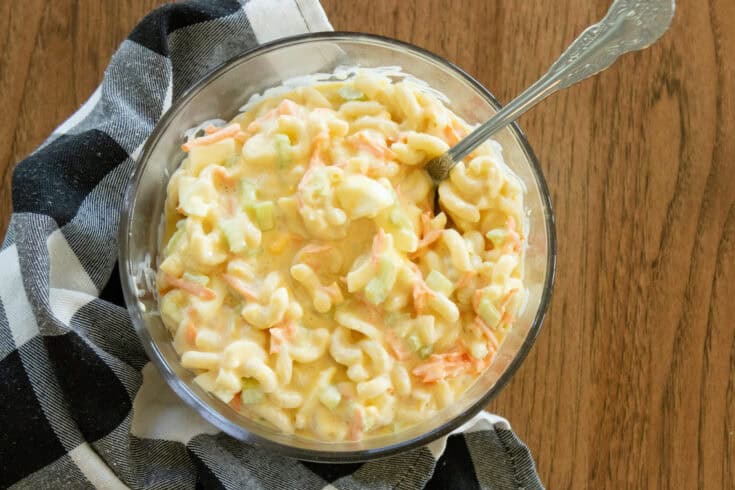 classic macaroni salad in a glass bowl