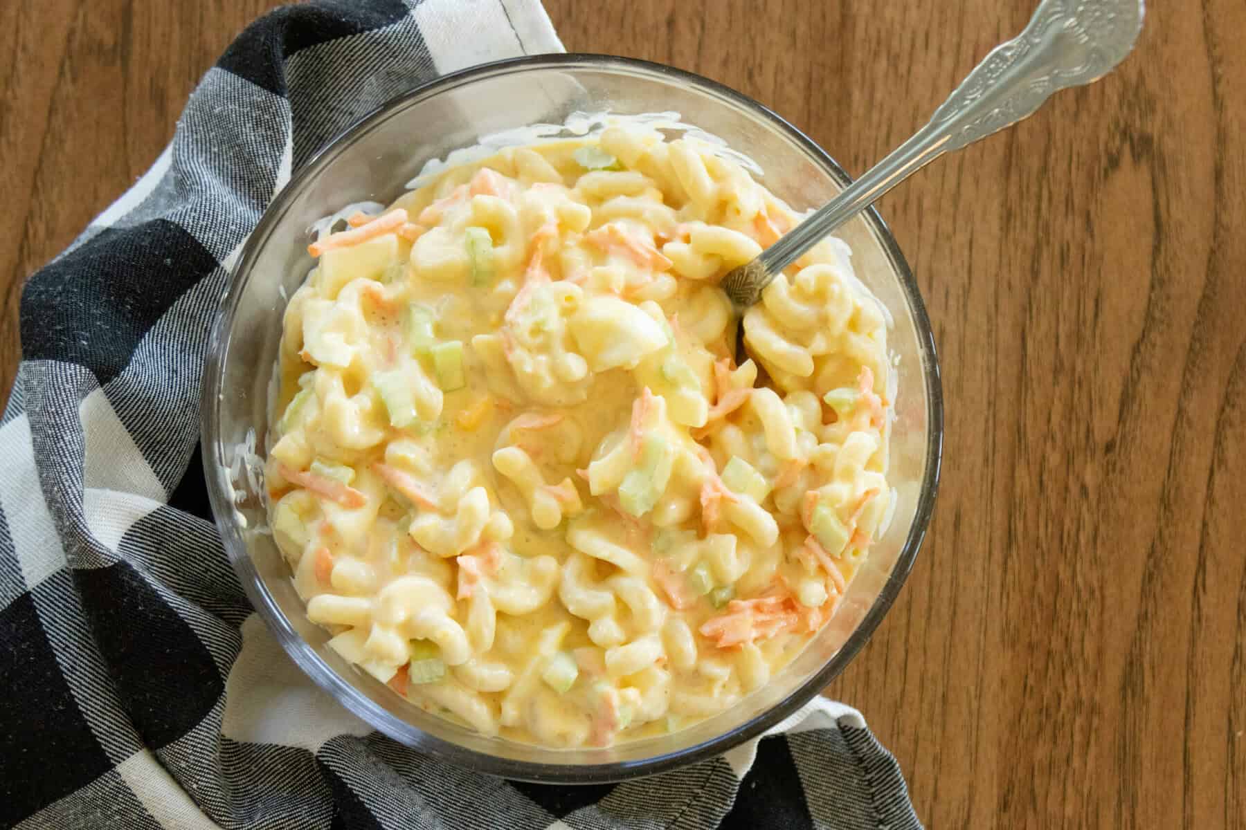 classic macaroni salad in a glass bowl