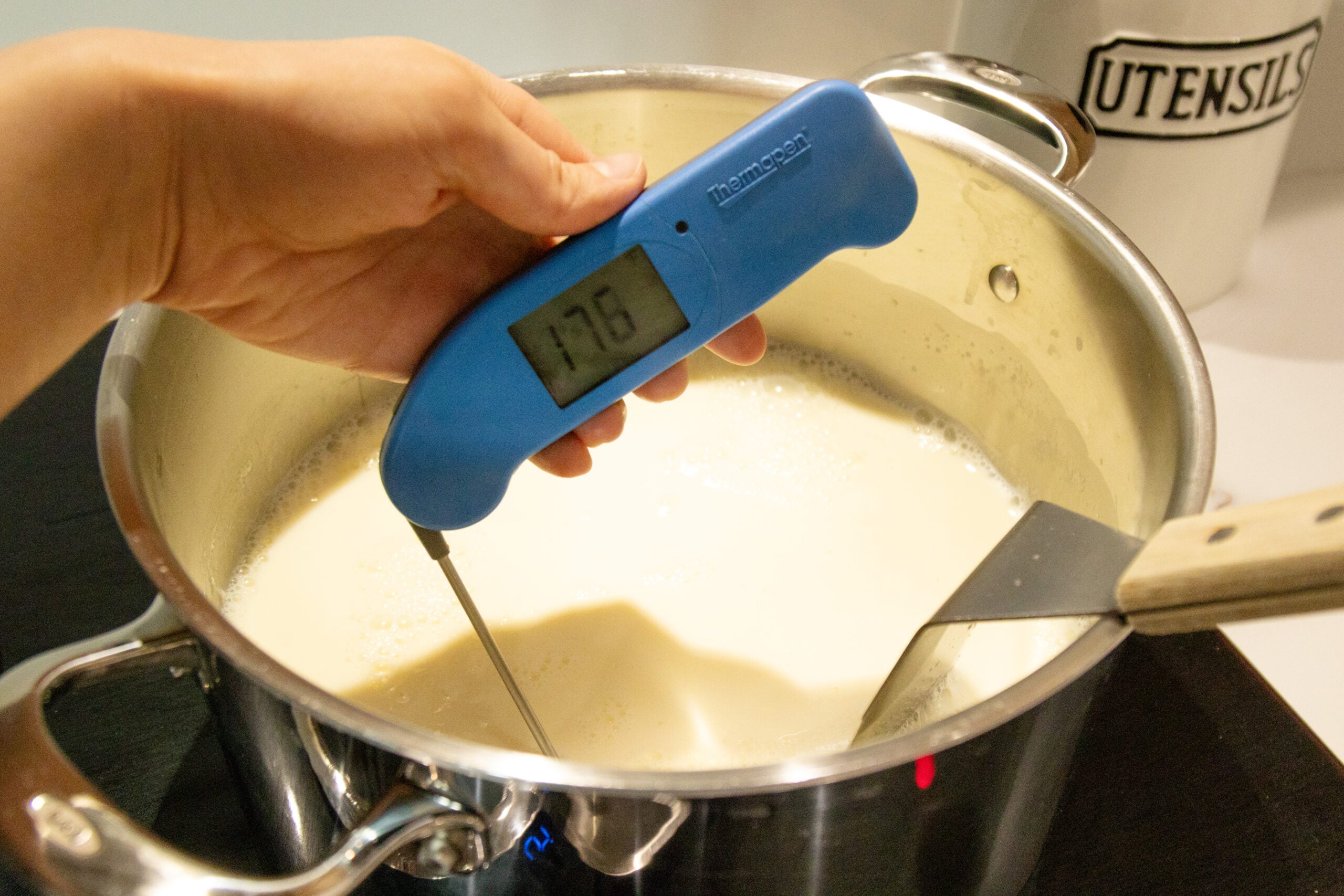 checking the temperature of the milk in the pot