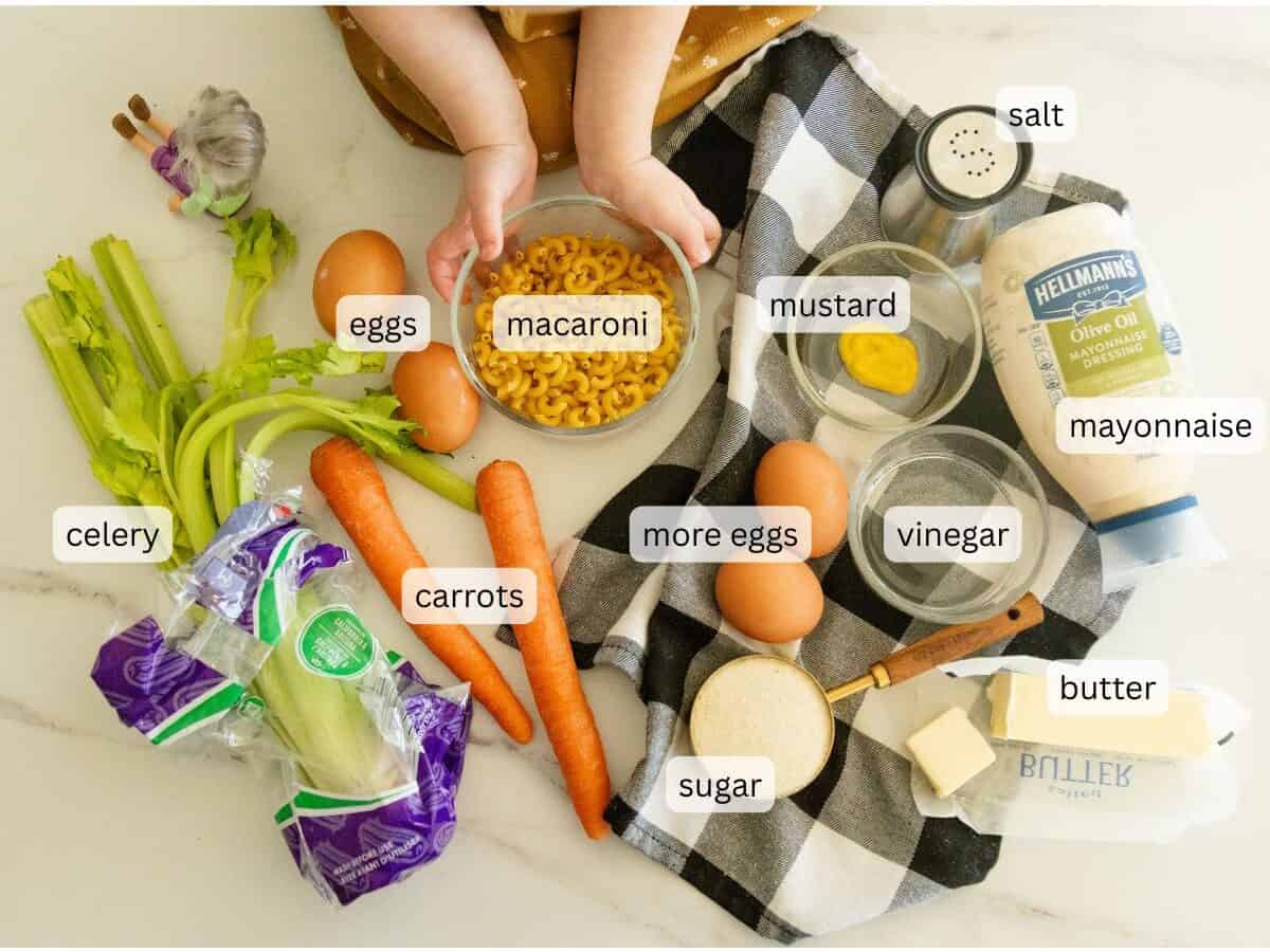 shot of all the ingredients for macaroni salad