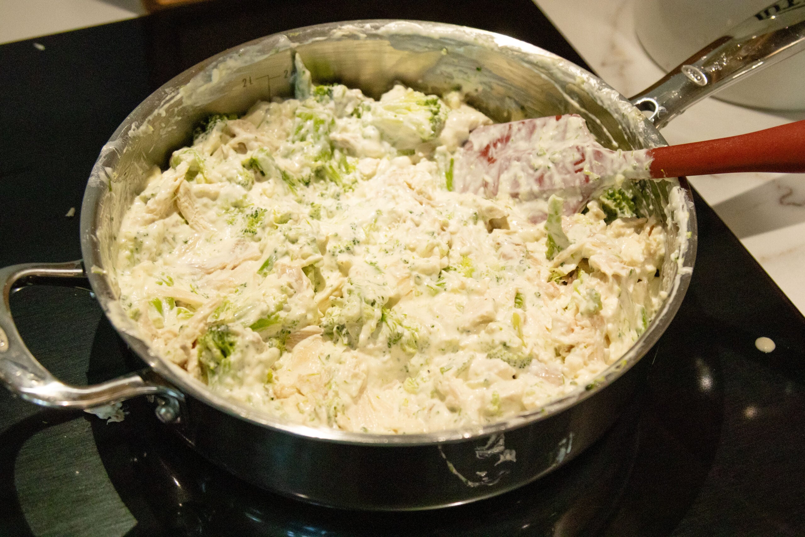 simmering chicken bacon ranch skillet on the stove