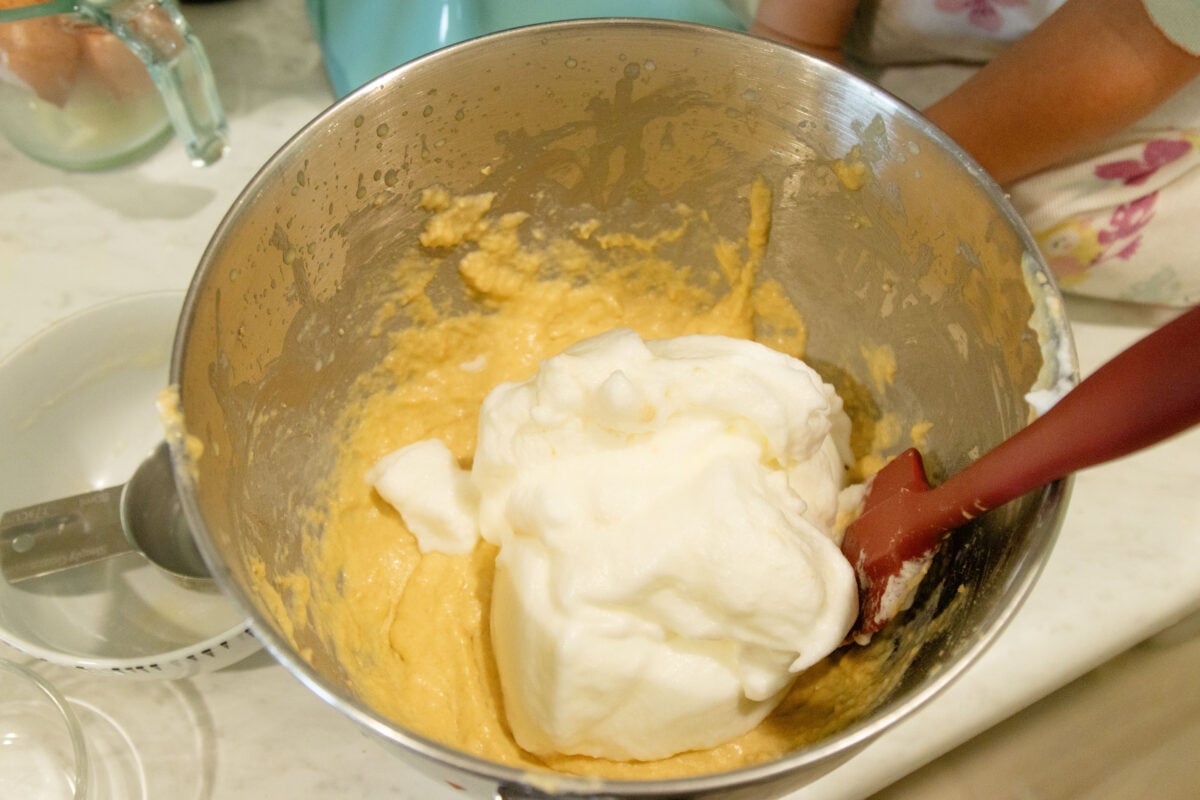pancake batter in the mixing bowl