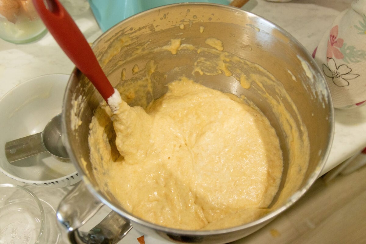 pancake batter in the mixing bowl