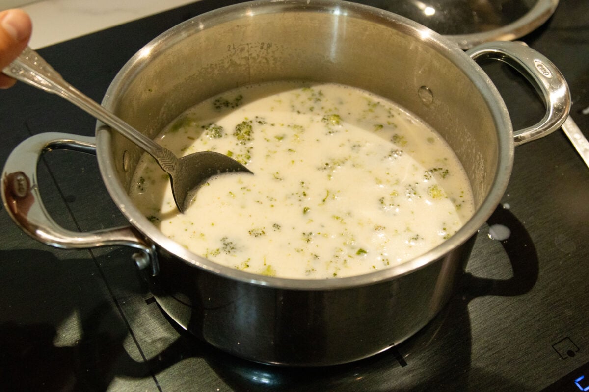 broccoli soup in the pot on the stove