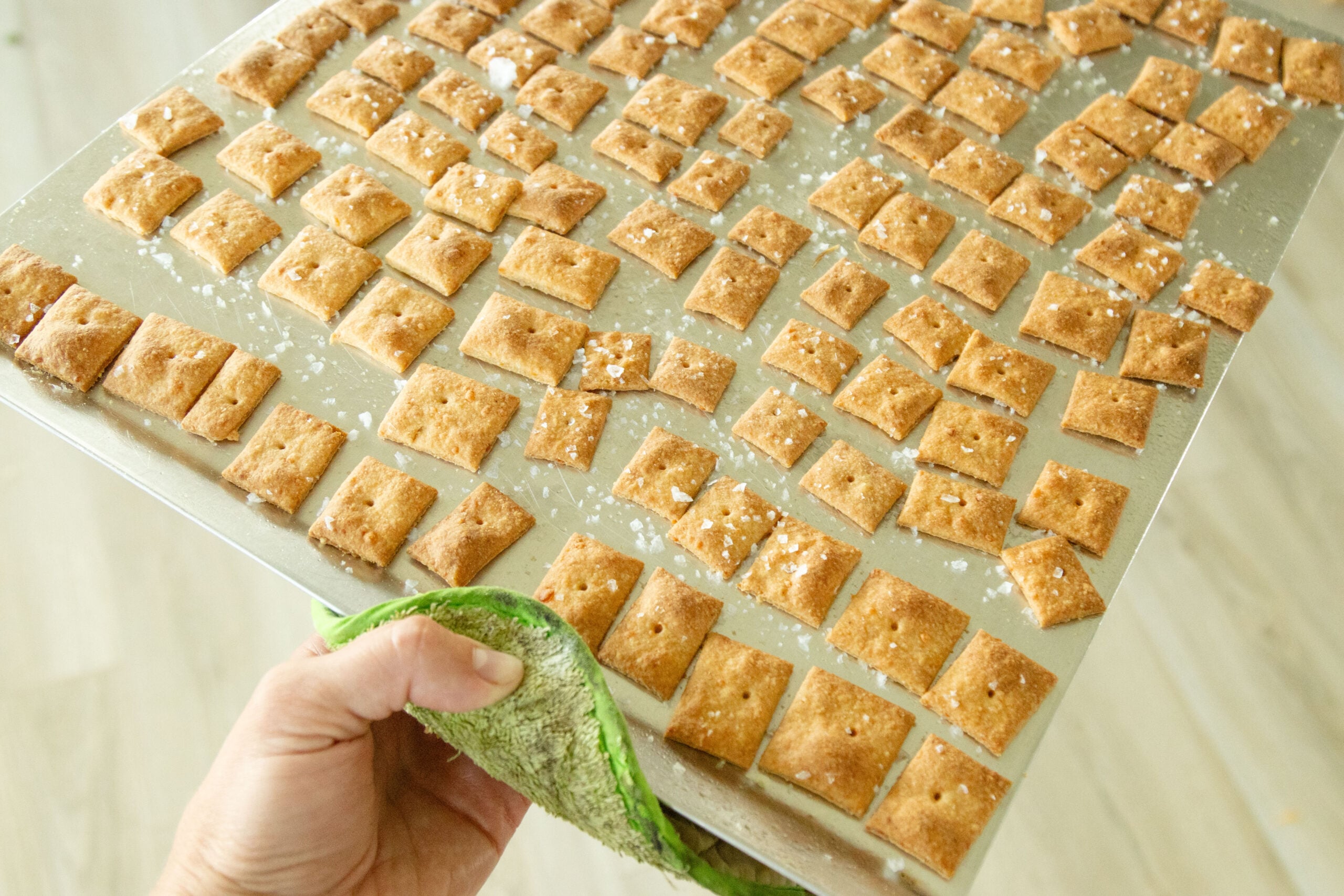 freshly baked crackers still on the pan