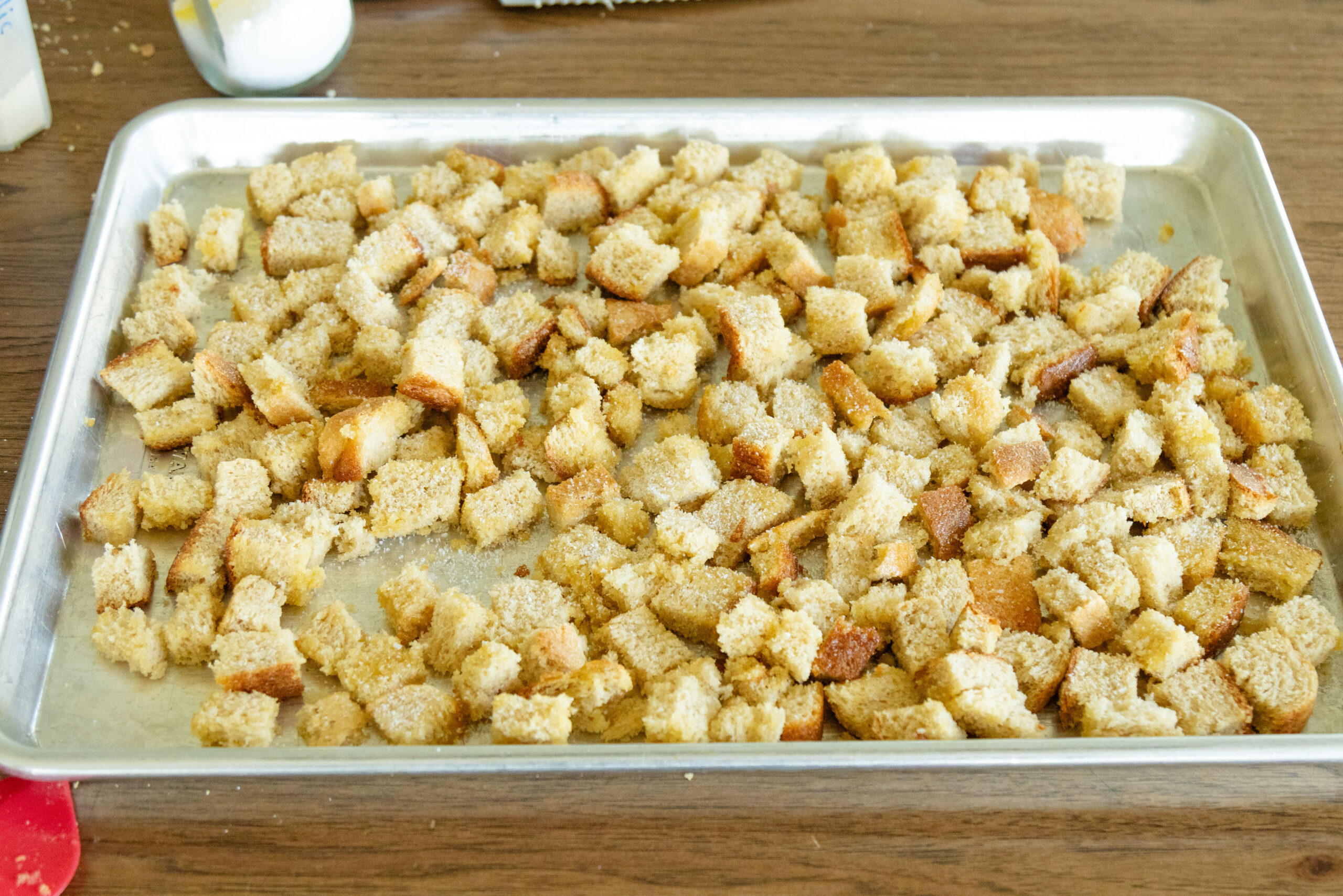 bread cubes on a pan