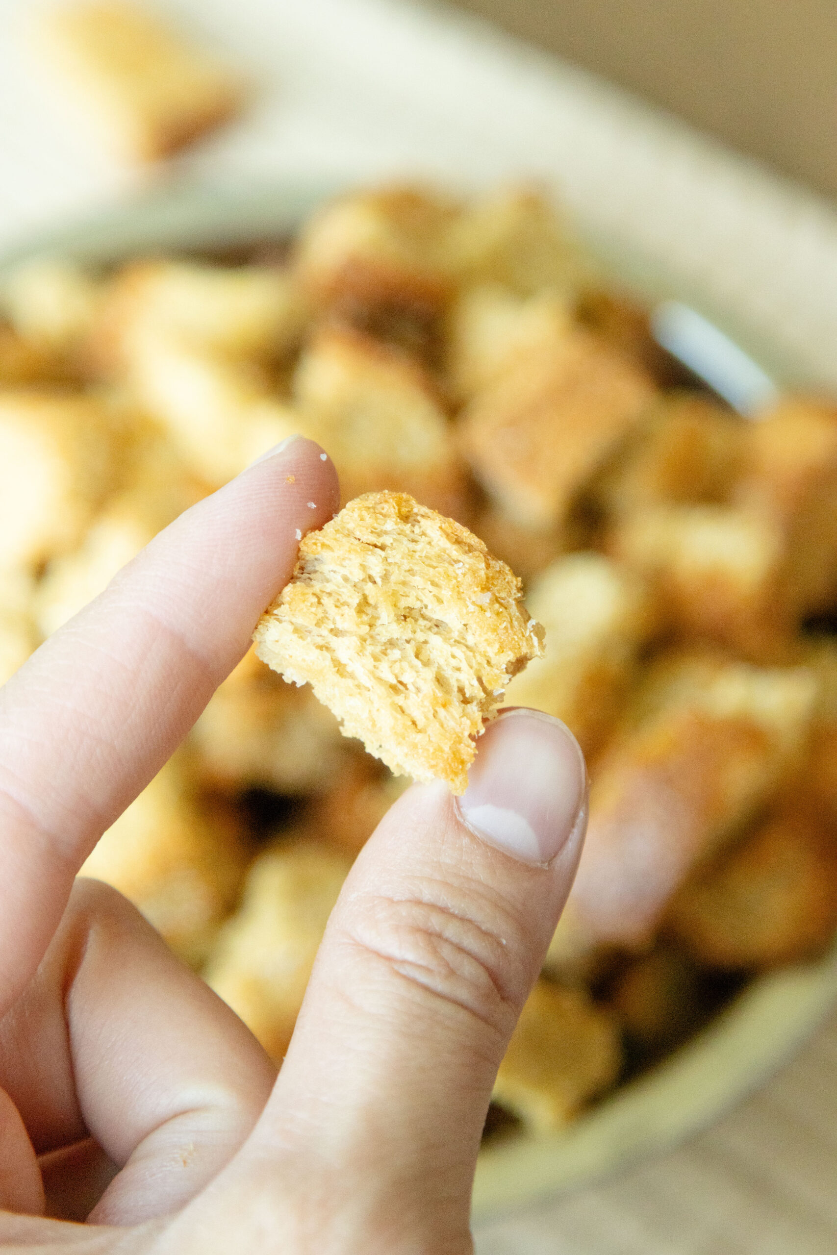 hand holding a crouton