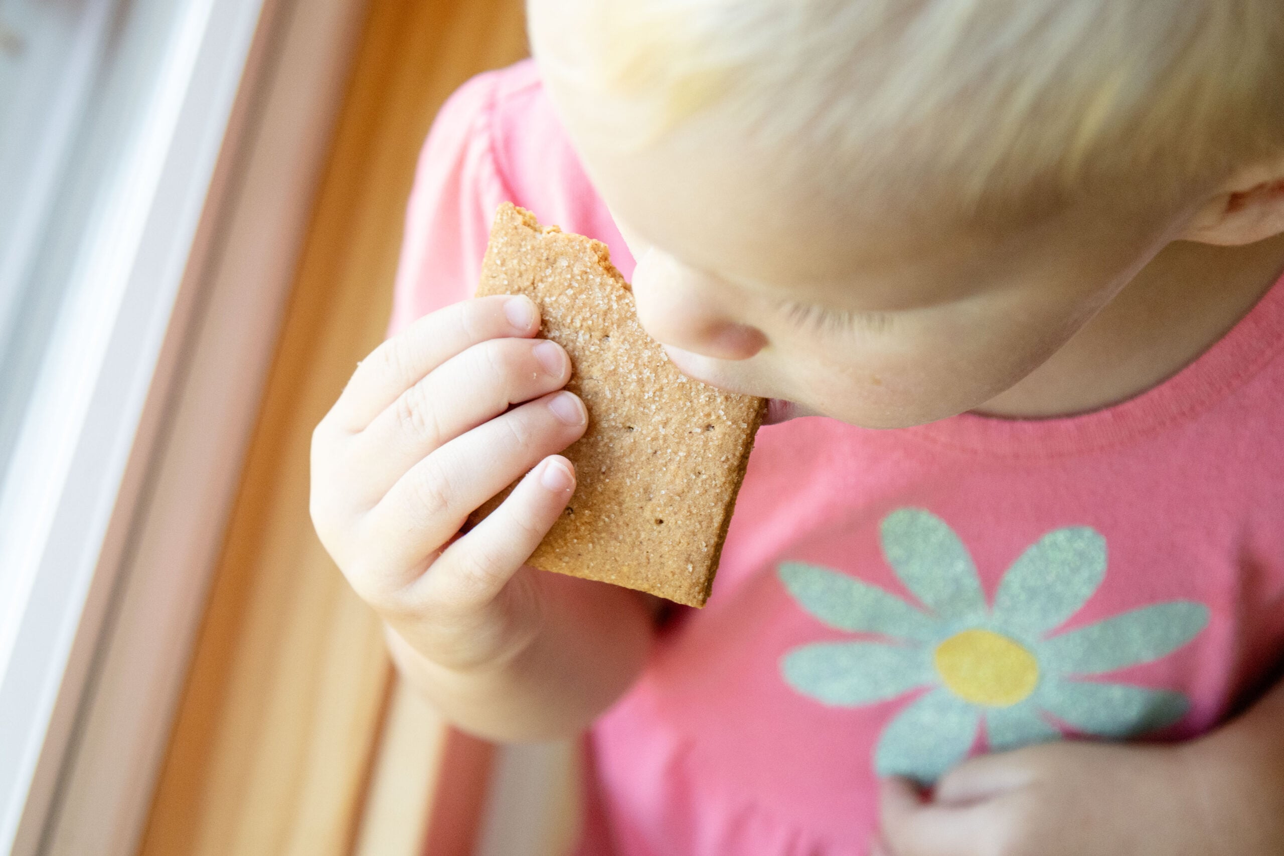 little girl eating a graham cracker