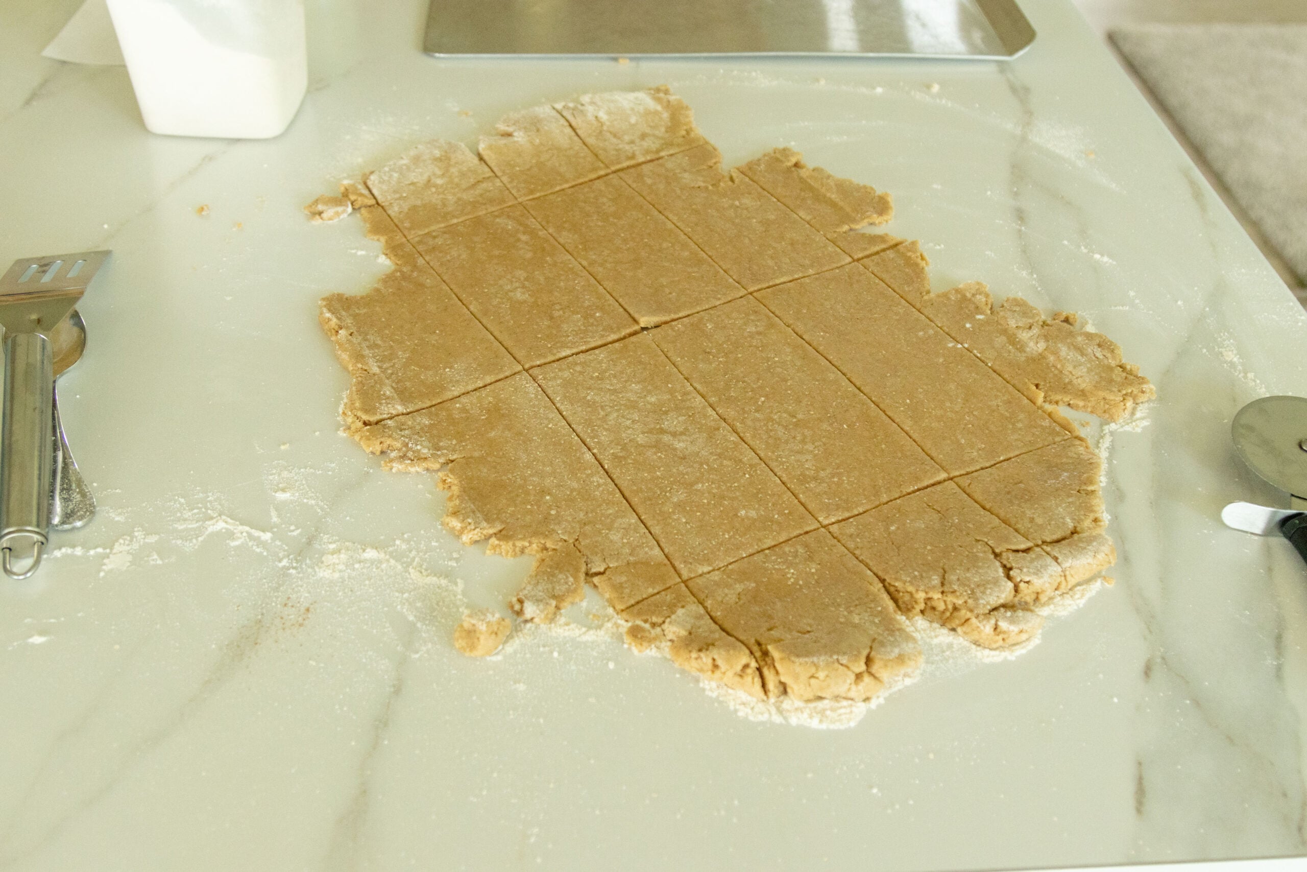 cutting the crackers on the counter top