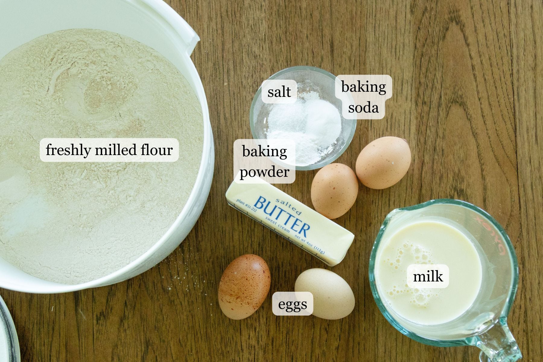 ingredients for fresh milled flour pancakes