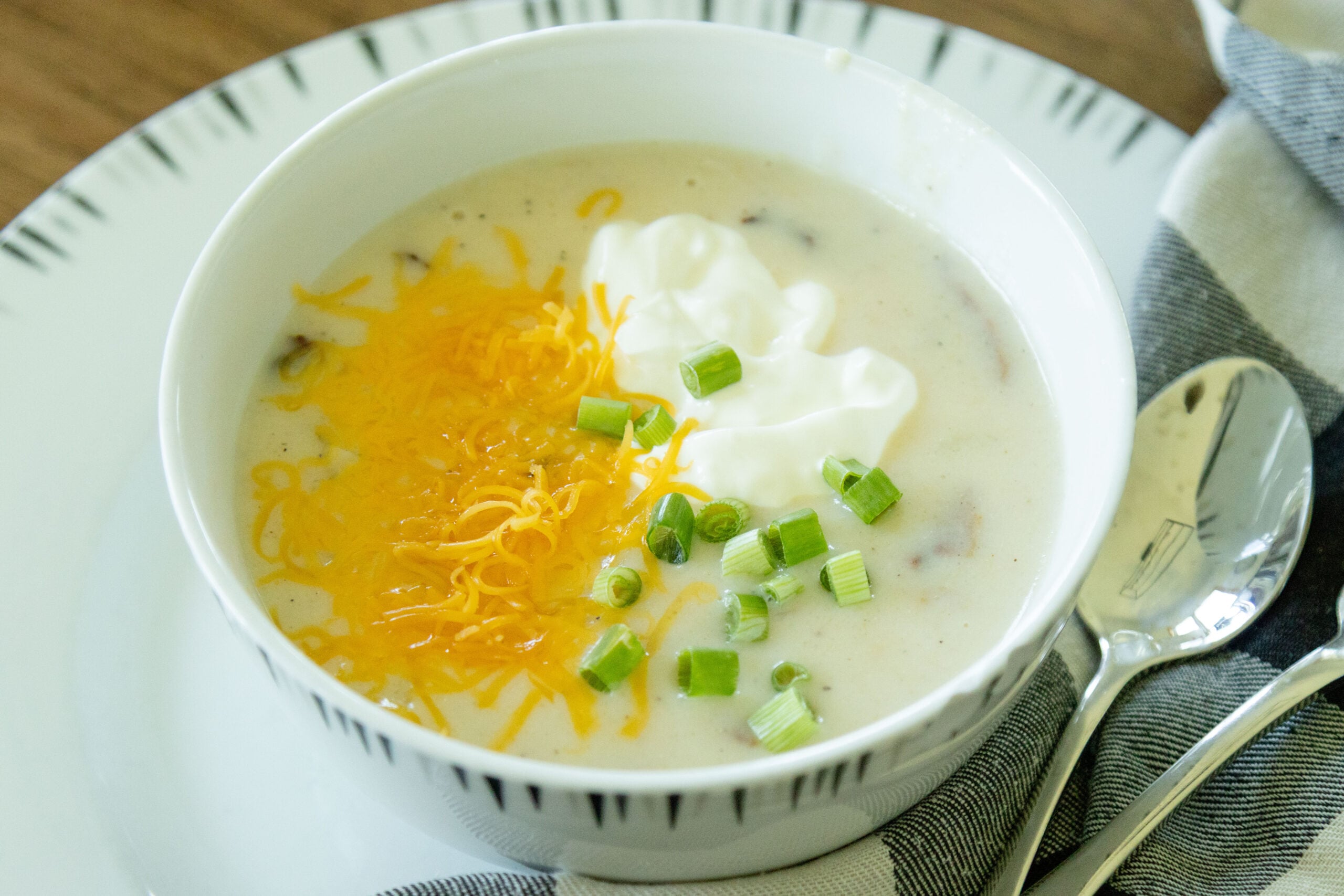 loaded potato soup in a bowl