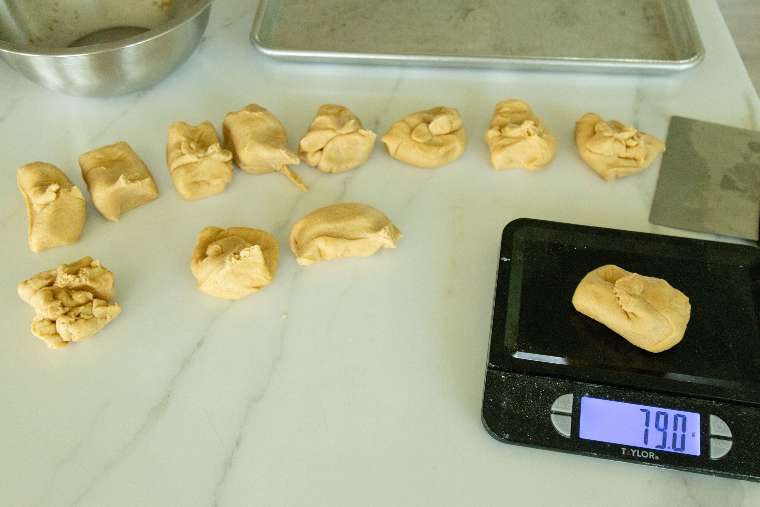 dividing and weighing the dough