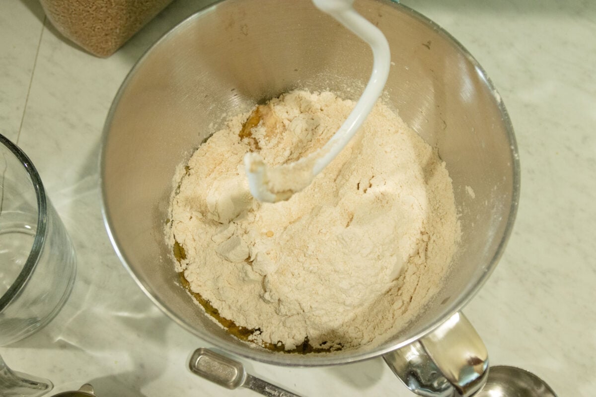 the ingredients in the mixer bowl