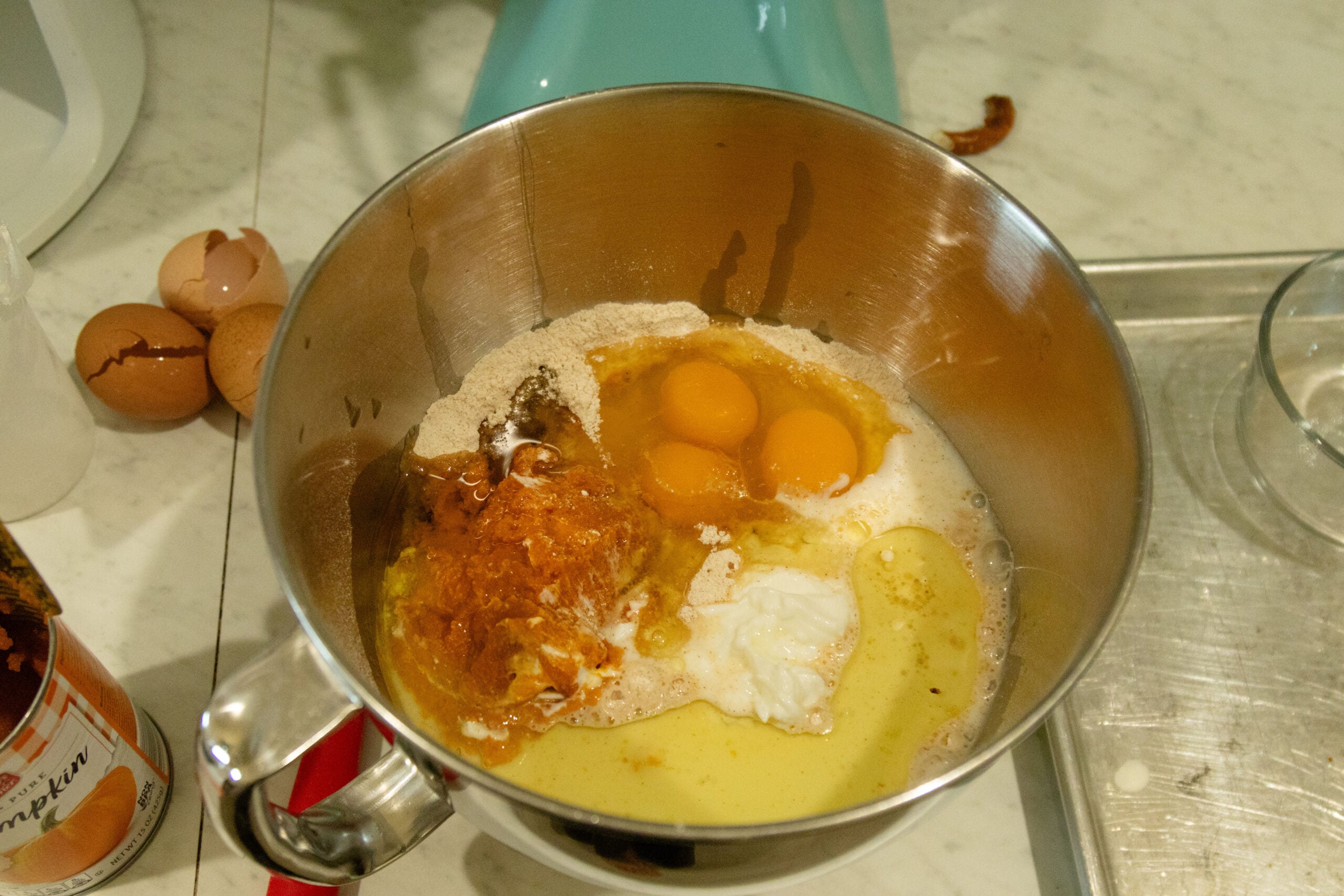pancake ingredients in a mixing bowl