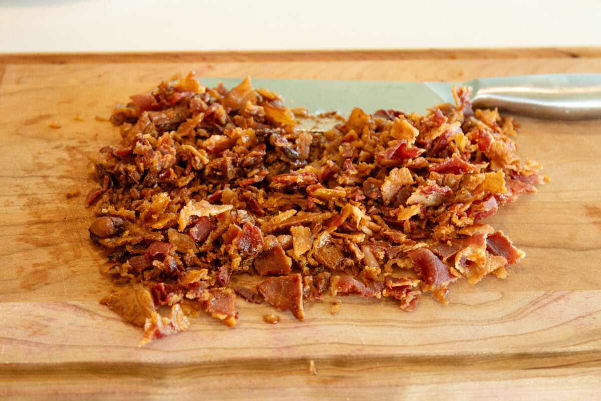 chopped bacon on a cutting board