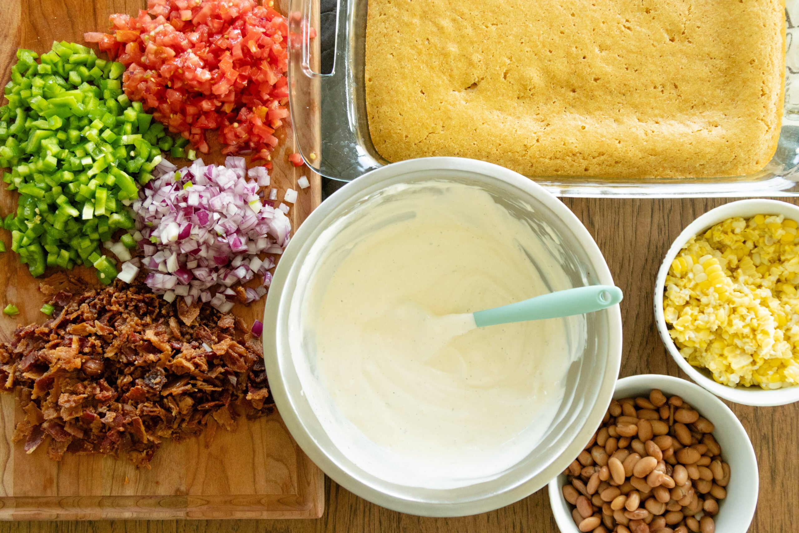 all the ingredients for the cornbread salad, prepped and ready