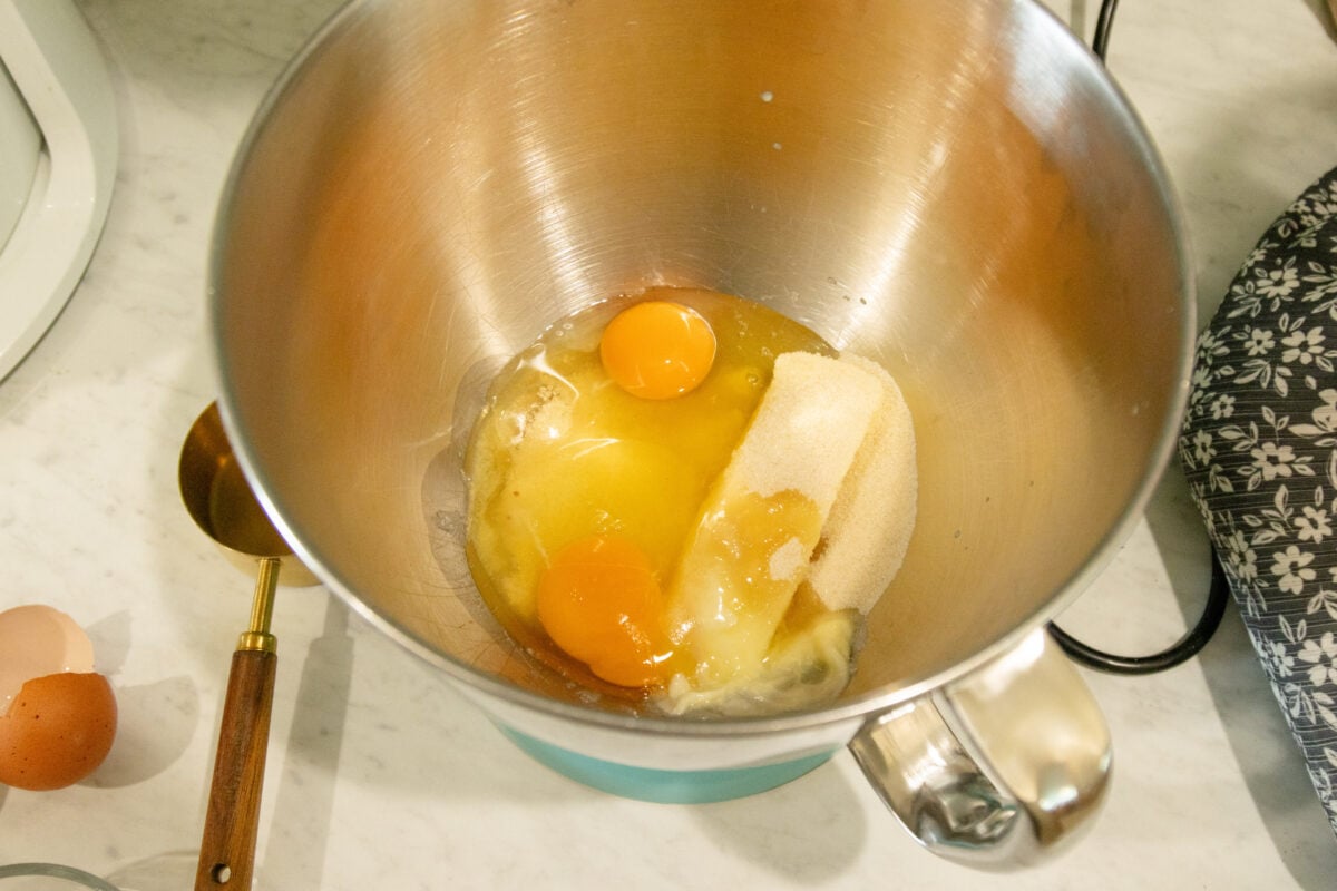 butter eggs and sugar in the bowl